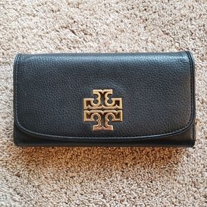 Tory Burch Black Leather Gold Emblem Wallet